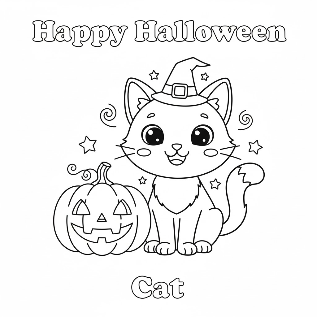Cute black cat sitting with a carved pumpkin, smiling and ready for trick-or-treating, simple outlines ideal for preschool coloring activities.