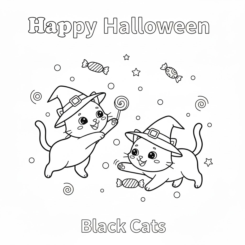 Two playful black cats chasing candy on Halloween night, with clear line art and large color areas suitable for young children to fill.