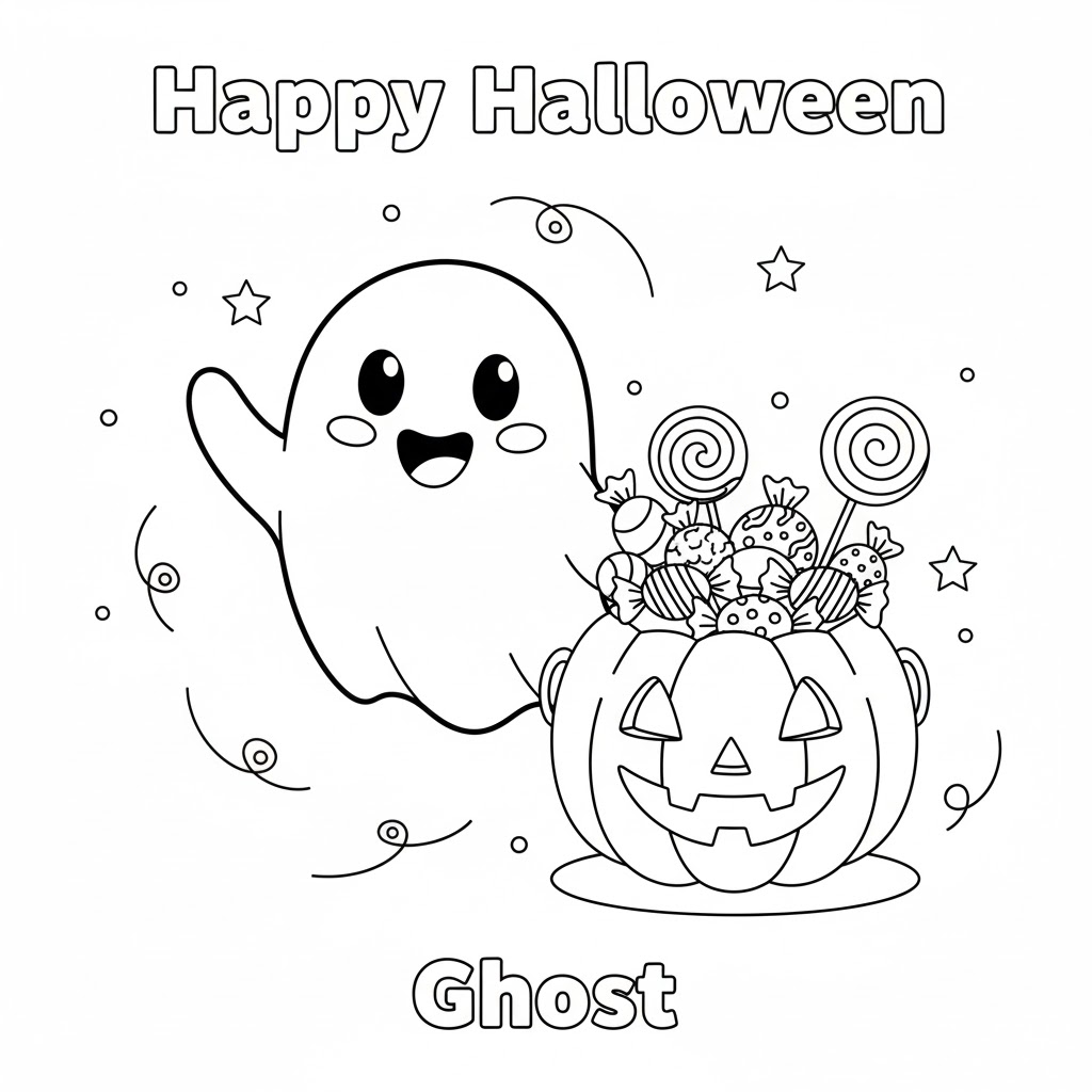 A friendly ghost holding a pumpkin, smiling gently with simple contours and whimsical design tailored for children to color easily.