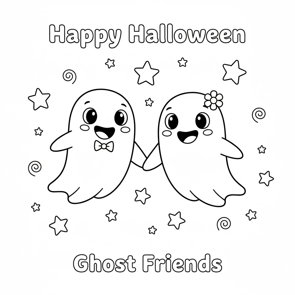 Group of cute ghost friends celebrating Halloween together with pumpkins and stars, designed with broad outlines for easy coloring by kids.