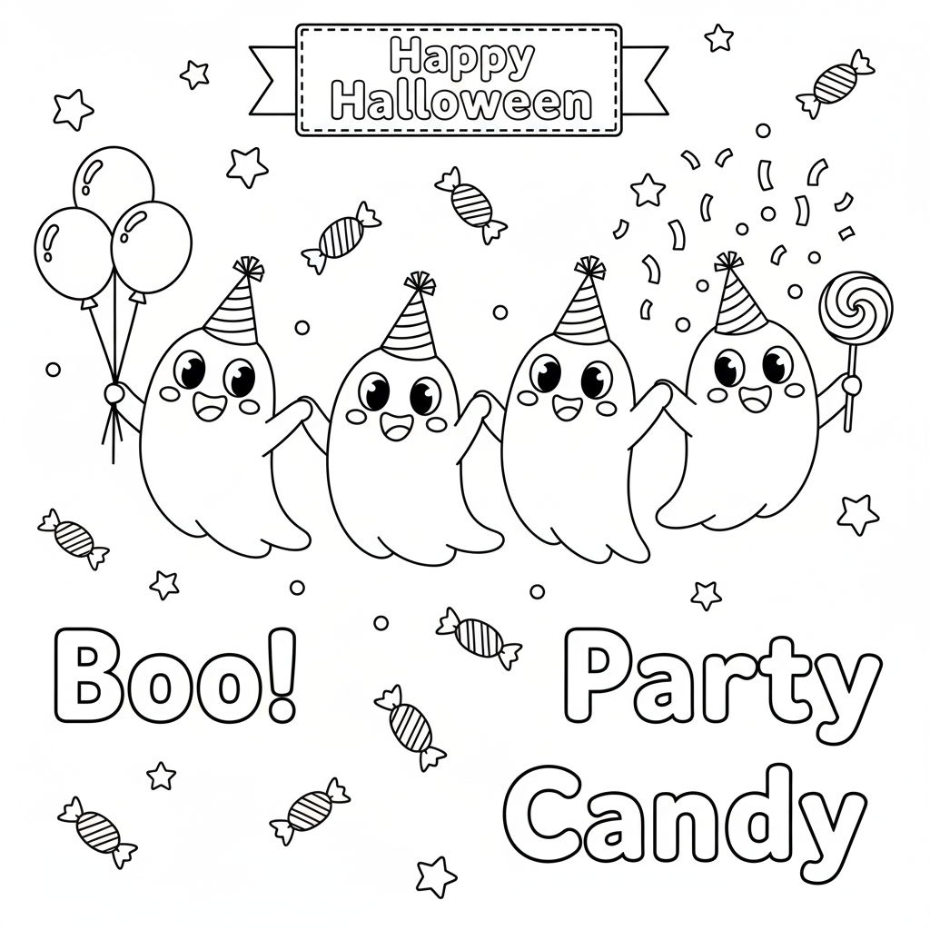 Cute ghost party coloring page - funny friendly ghosts having a party with balloons and cupcakes for children to color