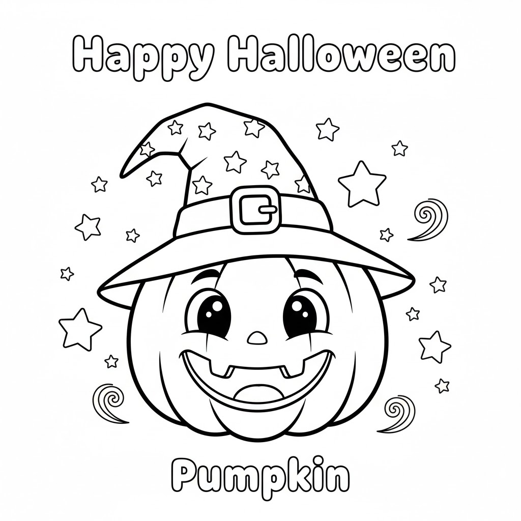 A smiling Halloween pumpkin wearing a witch hat; bold lines and large interior areas make this image perfect for young beginners.