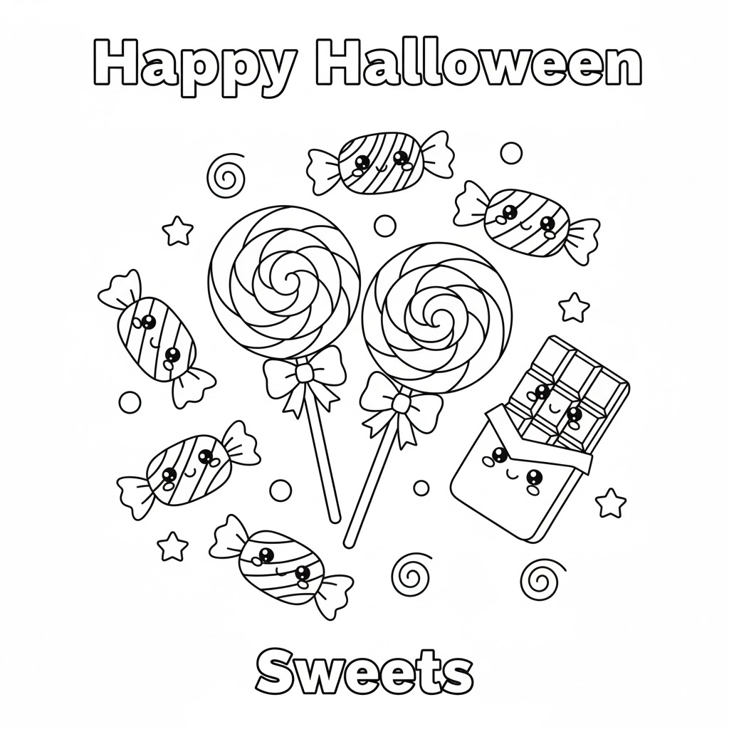 Cute Halloween sweets and candy illustrations arranged in a playful pattern, simple outlines that children can color independently.