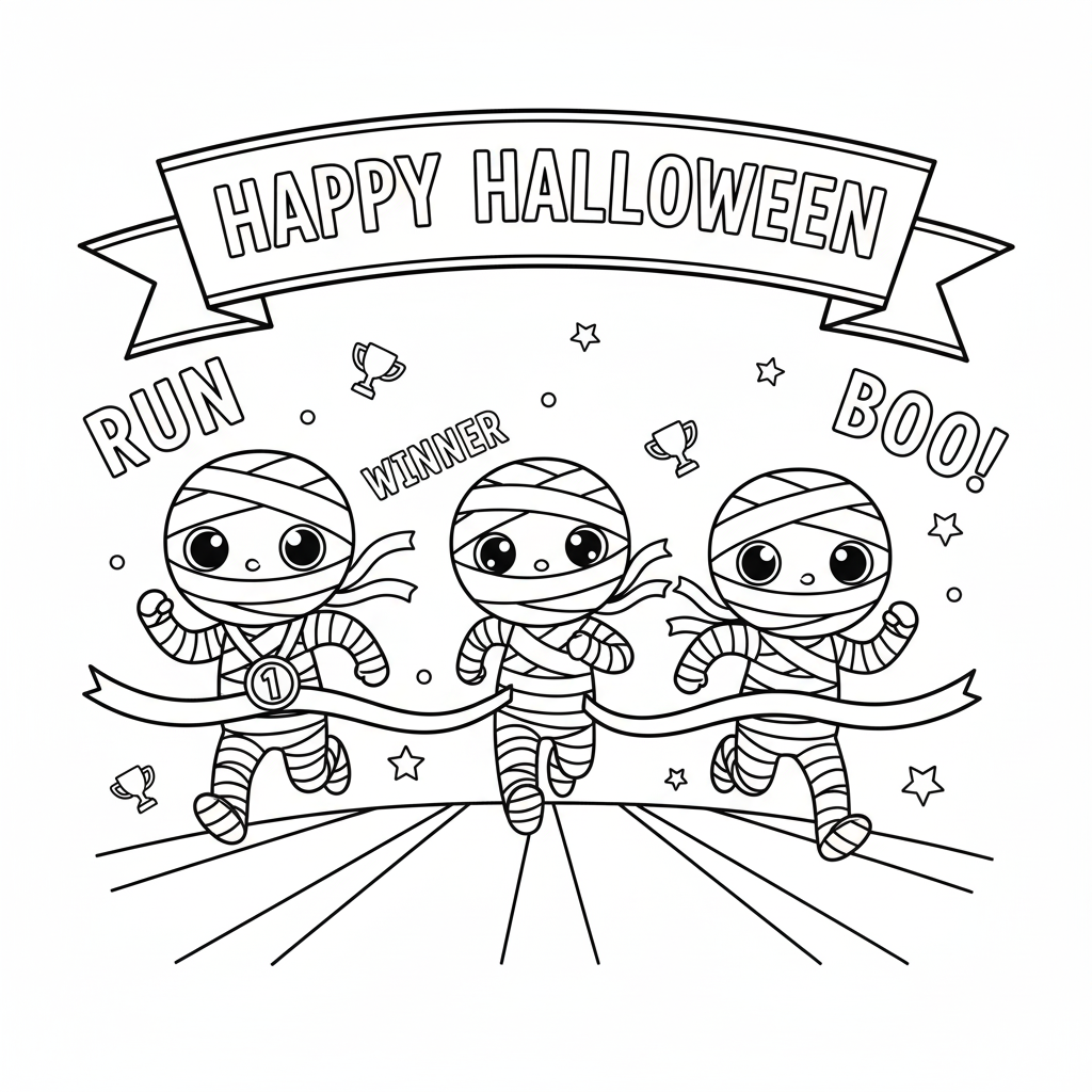 Cute mummy race coloring page - playful wrapped mummies racing with simple rounded shapes perfect for kids