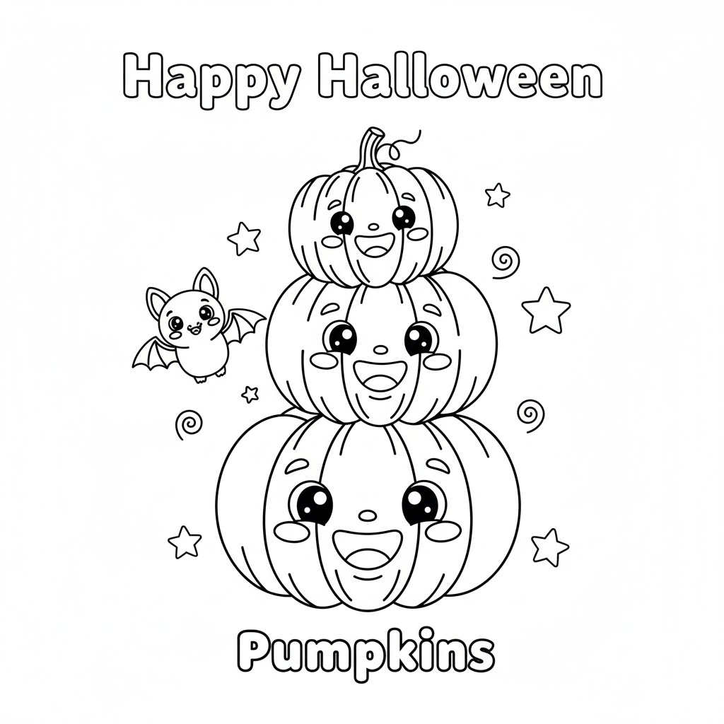 Stacked pumpkins with smiling faces and decorative patterns, large spaces for safe kid coloring and craft activities at school.