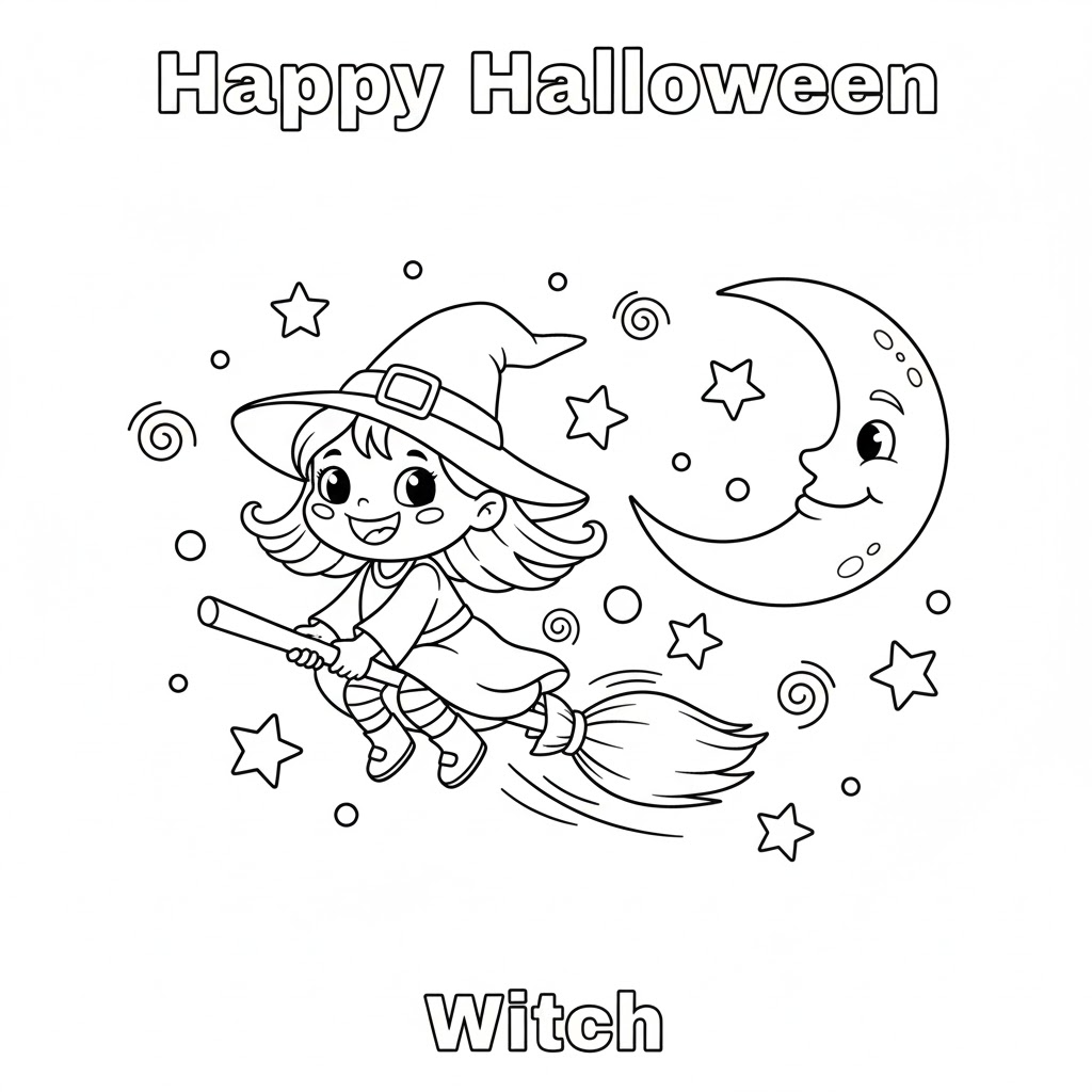 Cute little witch riding a broomstick across a crescent moon, illustrated with straightforward outlines suitable for children.