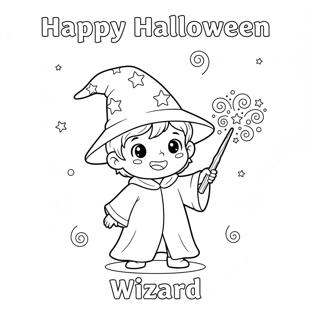 Friendly wizard waving a magic wand with stars and simple patterns; bold strokes and broad fields for young artists.