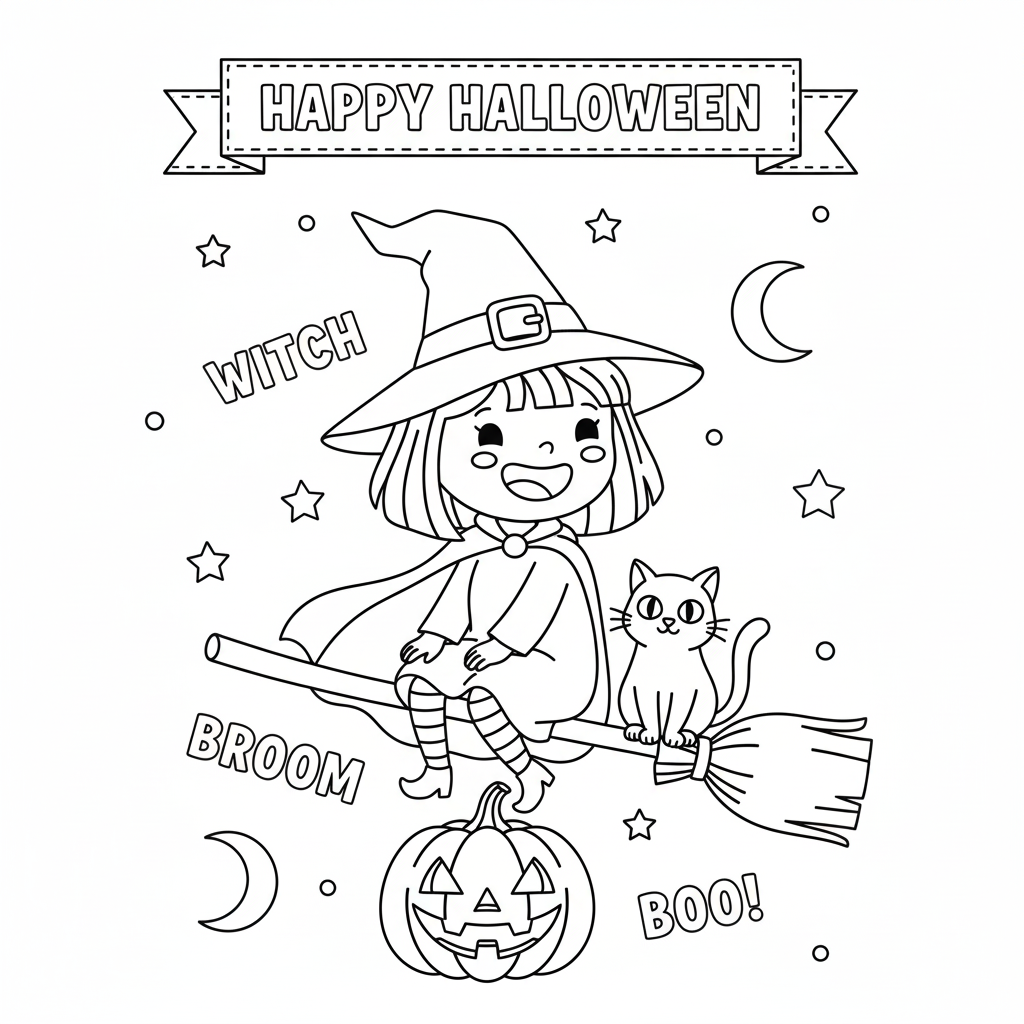 Friendly little witch coloring page - cute child witch flying with a small broom, simple outlines for kids to color