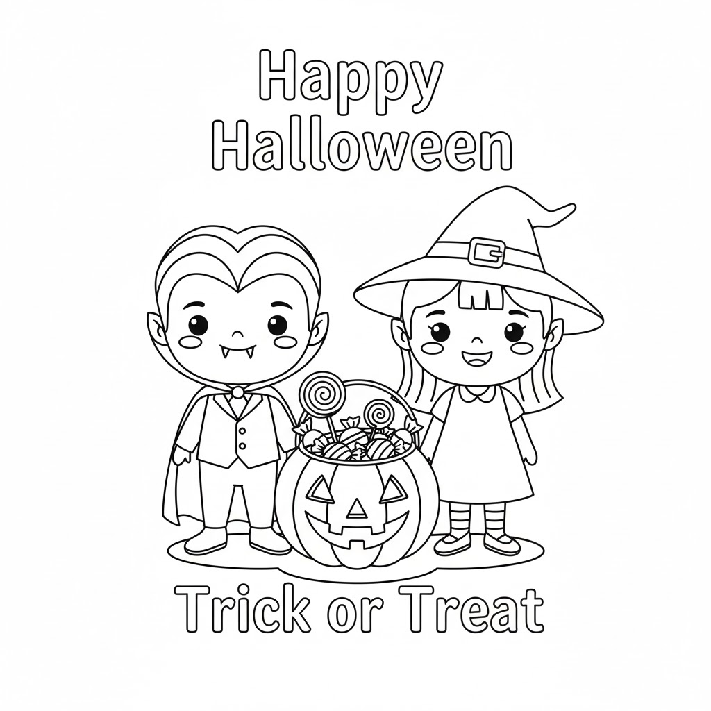 Two children in Halloween costumes holding candy buckets, clear outlines and playful elements suitable for seasonal coloring activities.