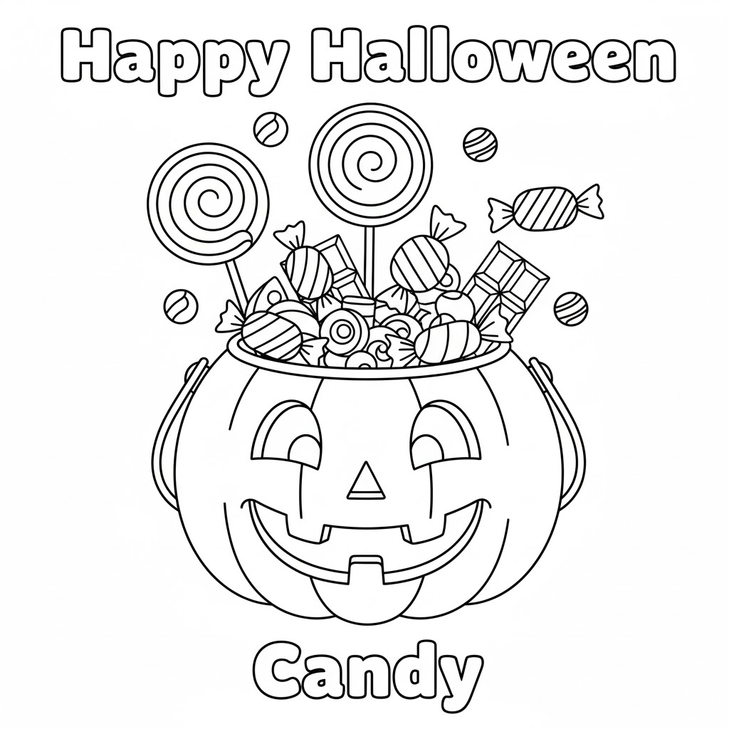 A large candy bucket overflowing with Halloween treats, simple line art and large open spaces friendly for kids' coloring.