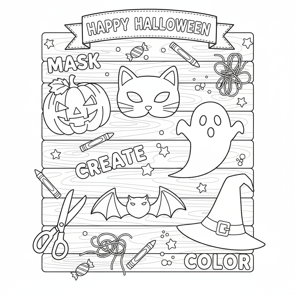 Halloween mask workshop coloring page - kids crafting masks and decorating with stars and ribbons, easy lines for coloring