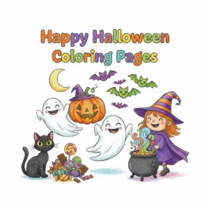 Happy Halloween coloring pages collection cover with cute witch, pumpkins, ghosts, black cat, and candy, colored pencil style 万圣节女巫南瓜幽灵黑猫糖果彩色铅笔风封面图