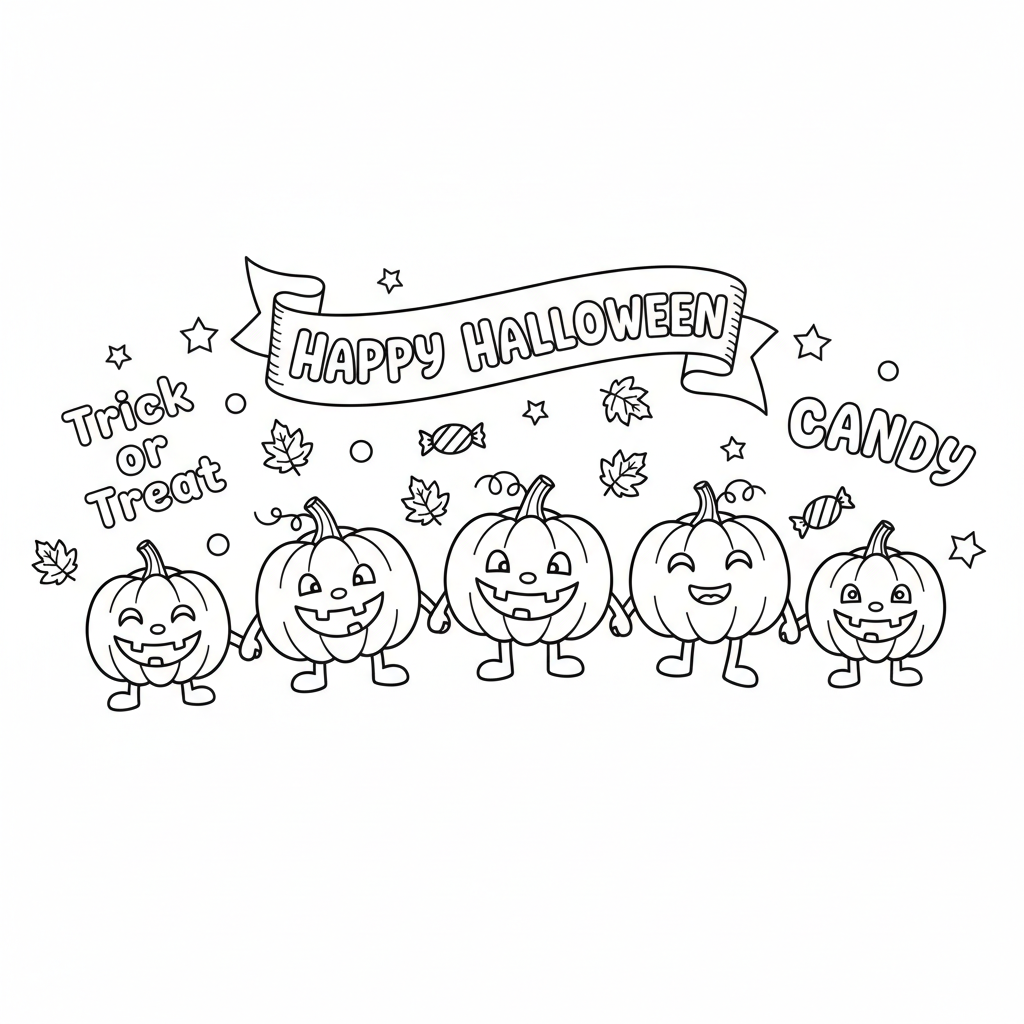 Pumpkin parade coloring page - smiling pumpkins in a parade with banners and stars for kids to color large shapes