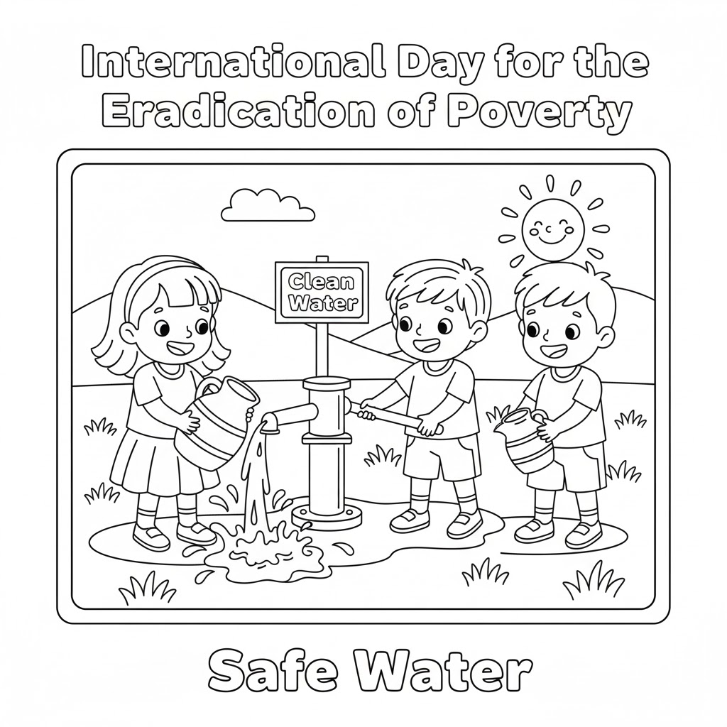 Clean water for all coloring page — 清洁用水与卫生设施主题填色图,教育孩子关于安全饮水的重要性,适合课堂与家庭活动