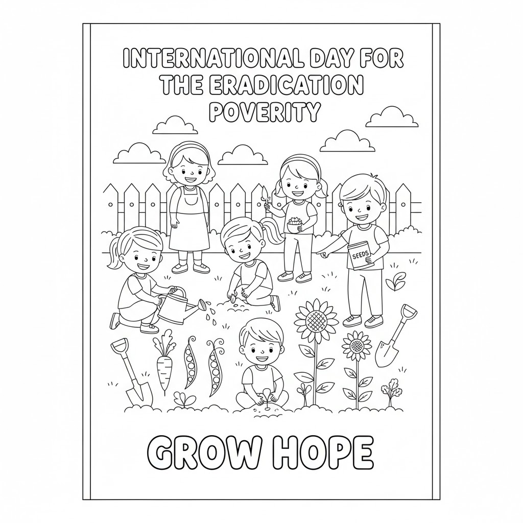 Community garden coloring page — 社区花园填色图,展现邻里共同种植蔬菜、学习可持续生活的插图,适合孩子填色与学习