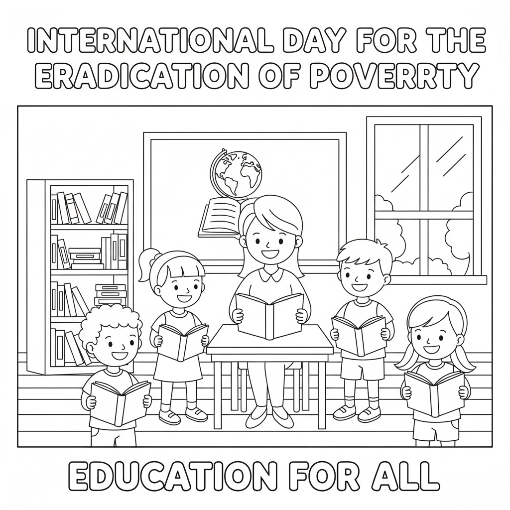 Education for all coloring page — 全民教育主题填色图,课堂场景与欢笑,强调学习机会与平等教育,适合小学使用