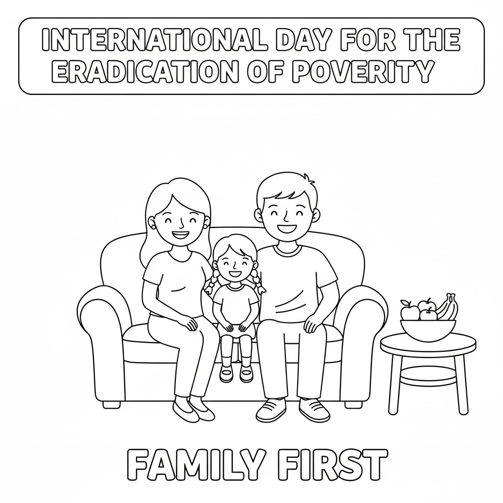 Family support coloring page — 家庭支持主题填色图,展现多代同堂互助与共同成长的温馨场景,适合亲子活动