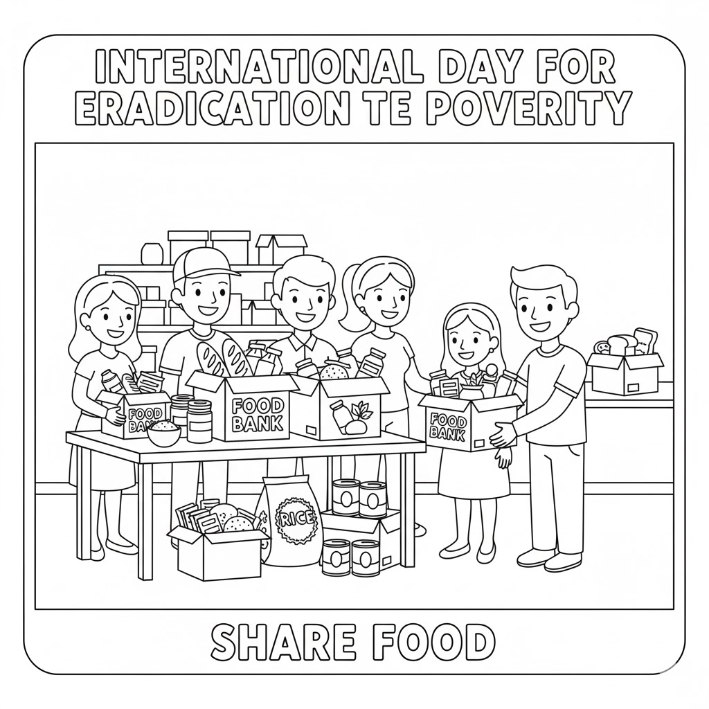 Food bank help coloring page — 食物银行与志愿服务填色图,表现分发食物與帮助社区的场景,适合教育孩子分享与奉献