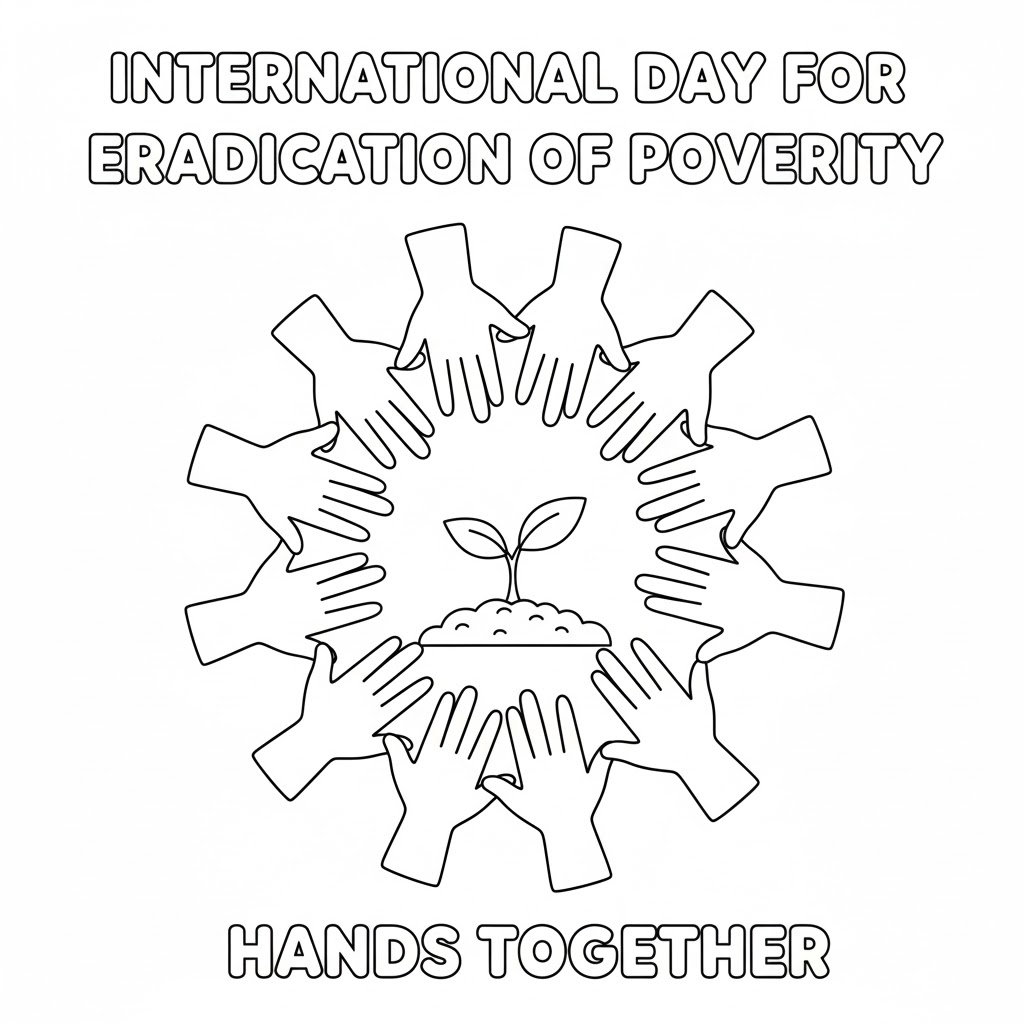 Hands of solidarity coloring page — 团结之手填色图,表现不同背景的人携手合作、互相支持的场景,寓教于乐