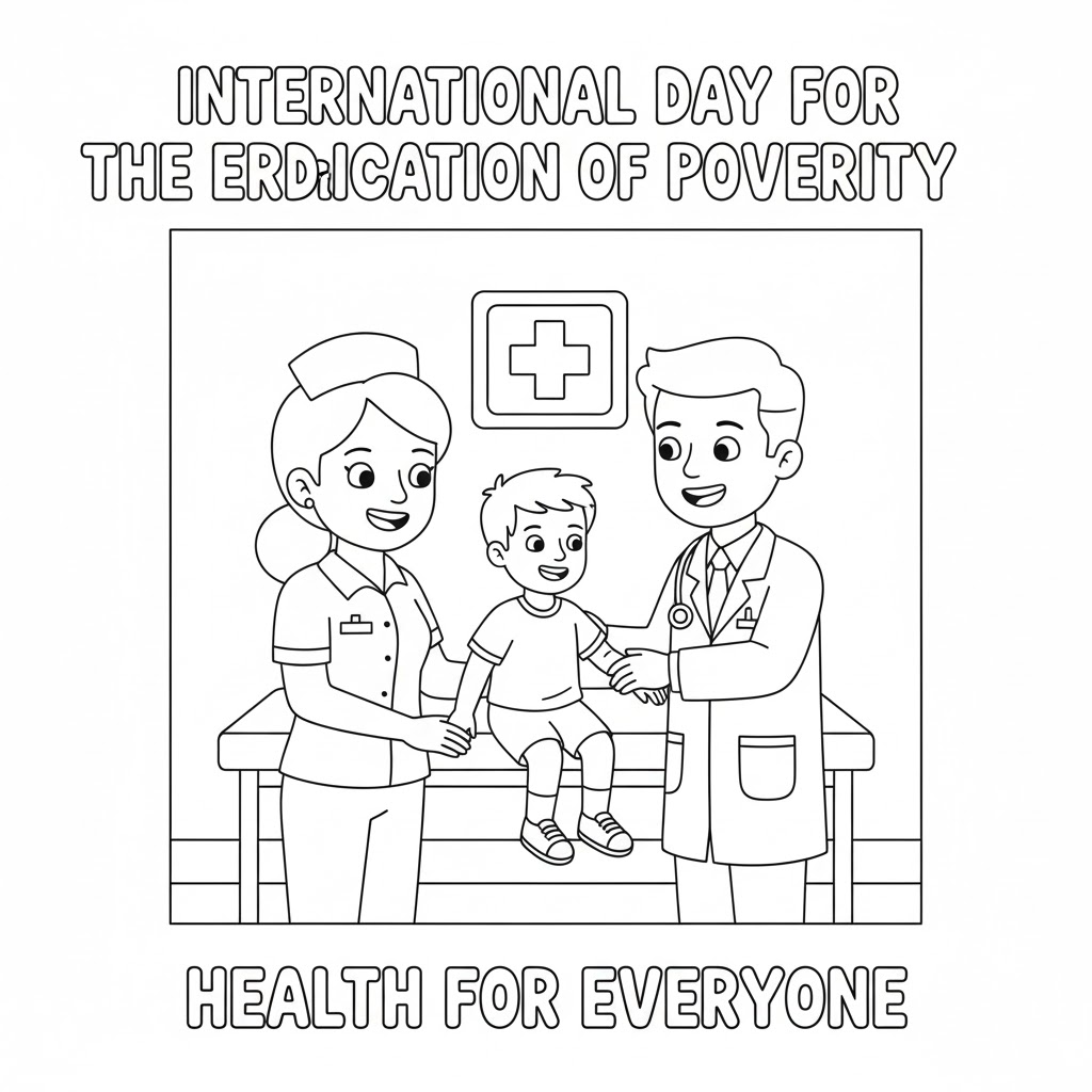 Healthcare access coloring page — 医疗可及性填色图,展现医护人员与孩子互动、社区健康教育场景,适合儿童理解卫生与健康