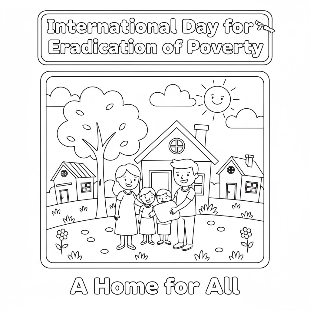 Safe shelter coloring page — 安全庇护所填色图,展现收容所或安全住房的温馨场景,教育孩子关于家园与安全的意义