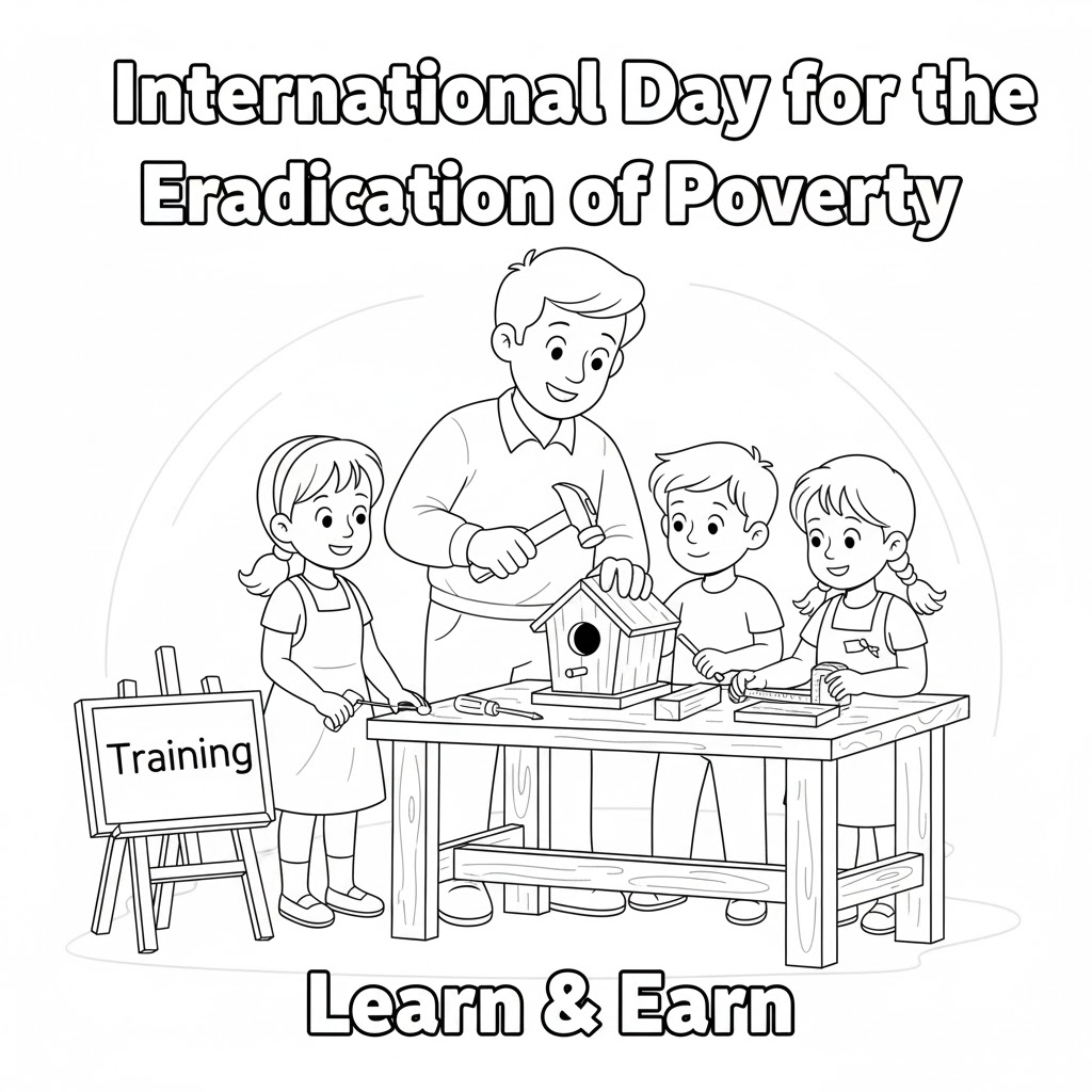 Skills and work coloring page — 技能与工作填色图,描绘职业技能培训与儿童了解不同工作类型的友善场景,鼓励学习新技能