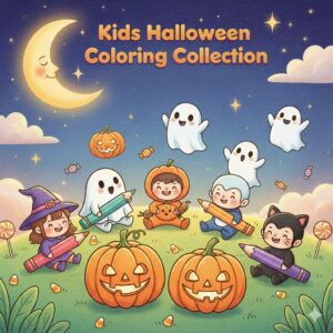 Cute kids in Halloween costumes coloring pumpkins and ghosts, cheerful colored-pencil style with festive background. 儿童穿着万圣节服装涂色南瓜和幽灵，彩色铅笔风格、气氛欢乐。