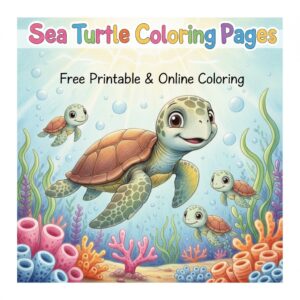Colorful sea turtles swimming together in the ocean with coral reefs and tropical fish for children’s coloring page collection | 多只海龟在海底游动，背景有珊瑚与热带鱼，适合儿童填色页合集封面