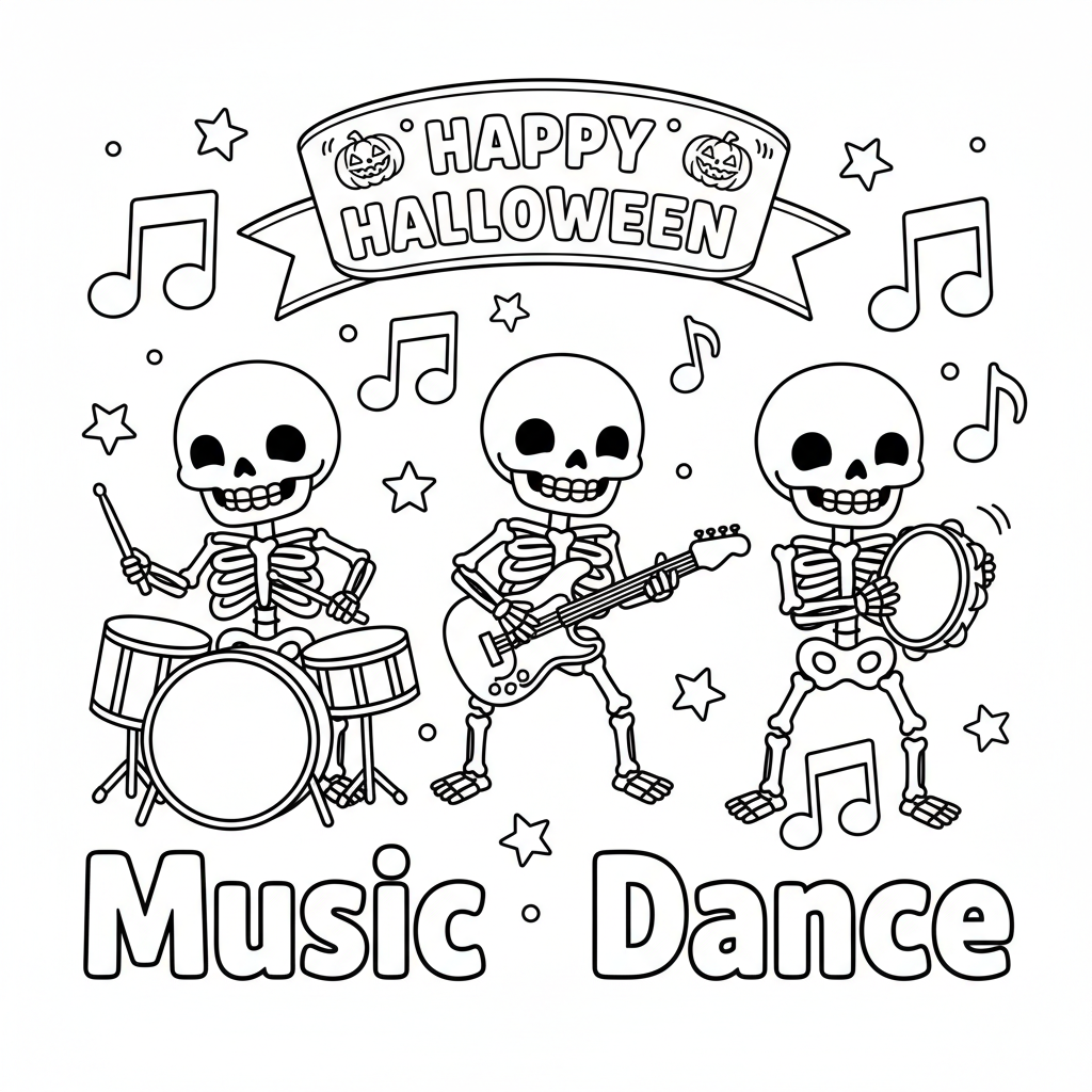 Skeleton band coloring page - friendly marching skeletons playing instruments, clear outlines suitable for children coloring activities