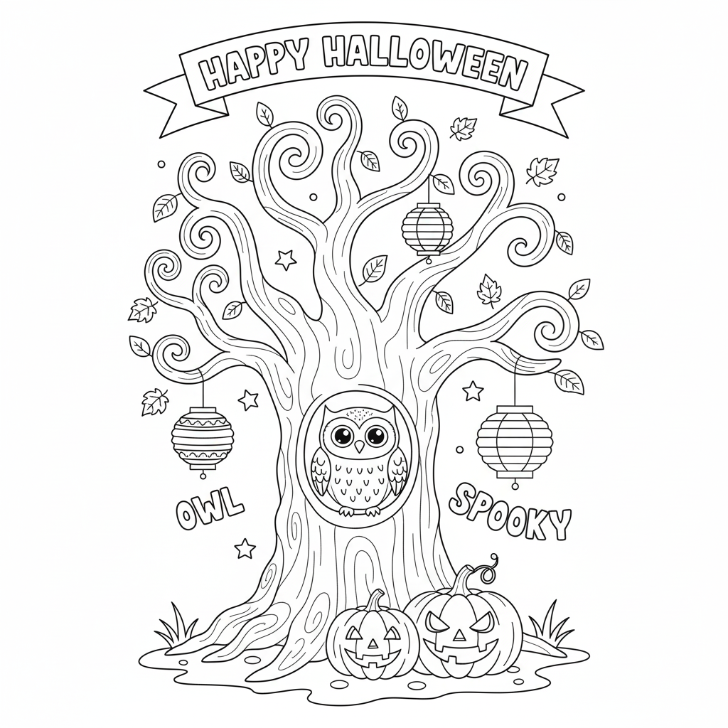Spooky tree with owl coloring page - friendly owl perched on a smiling spooky tree, big shapes for easy coloring for toddlers