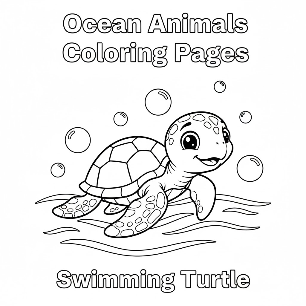 Swimming sea turtle among corals children coloring page 在珊瑚中游动的海龟填色图,适合课堂