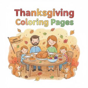 Thanksgiving Coloring Pages Collection cover with family dinner, turkey, pumpkin pie, and autumn leaves in colorful pencil style 感恩节家庭团聚、火鸡与南瓜派的彩色铅笔风封面图