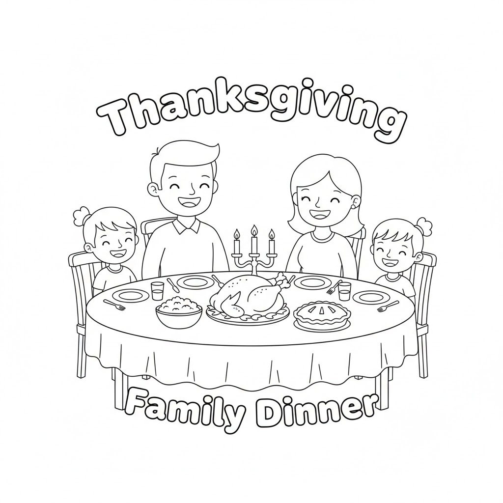 Thanksgiving family dinner coloring page with turkey, pumpkin pie and smiling family 圆桌家庭聚餐含火鸡与南瓜派的感恩节填色图,适合儿童填色,高清可打印