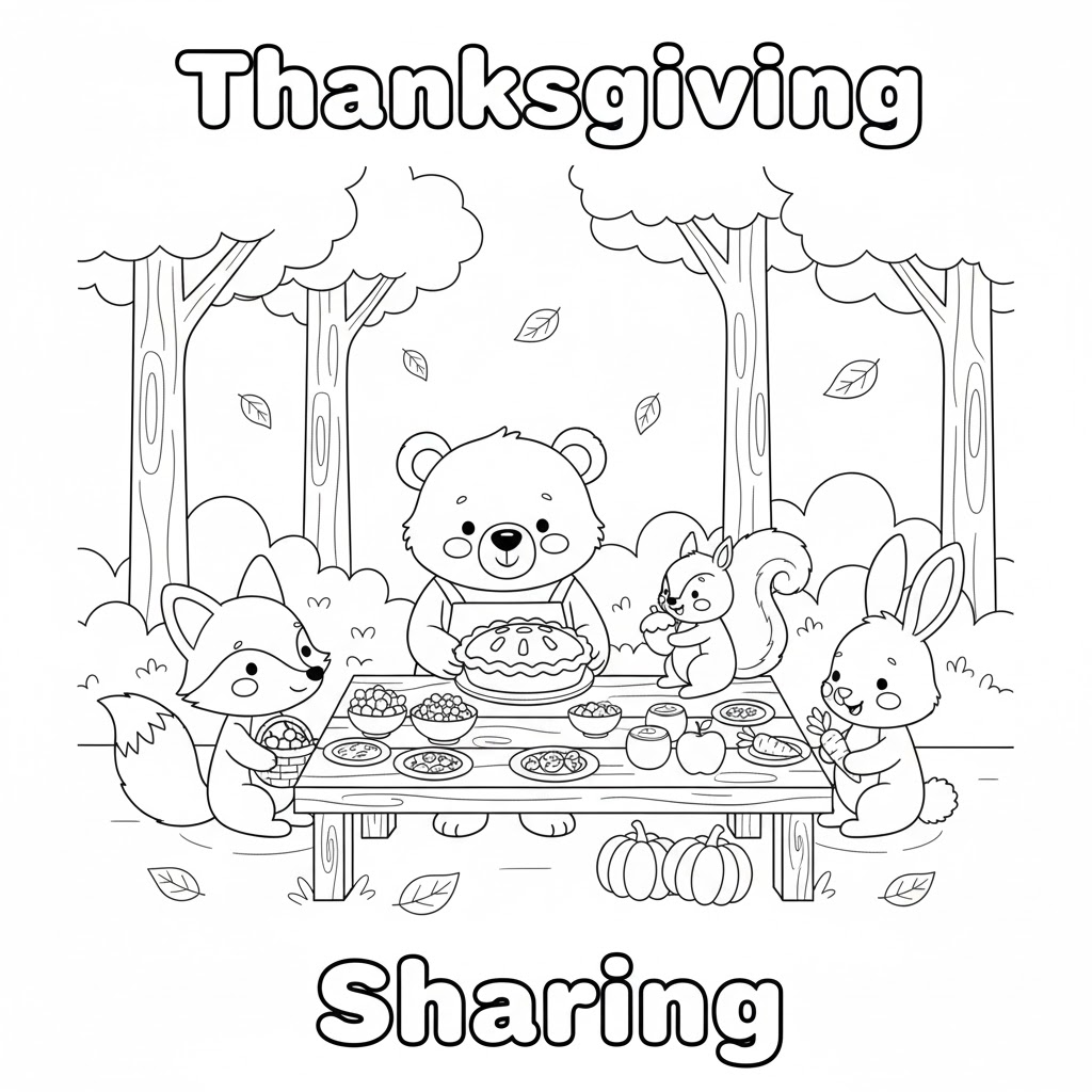Forest animals having a Thanksgiving feast coloring page 树林动物丰盛感恩节宴会填色图,孩子友好线稿,适合打印