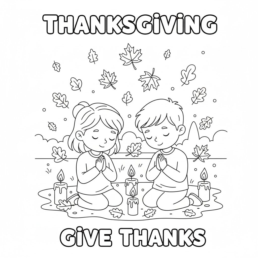 Give thanks coloring page hand-lettered message with fall leaves and icons 感恩节手写感谢字样配秋叶与图示,适合儿童填色