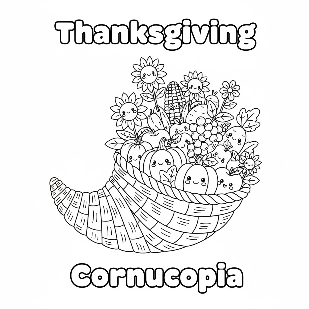 Cornucopia full of fruits and vegetables for Thanksgiving coloring 丰饶角装满水果与蔬菜的感恩节填色图,线条清晰适合儿童