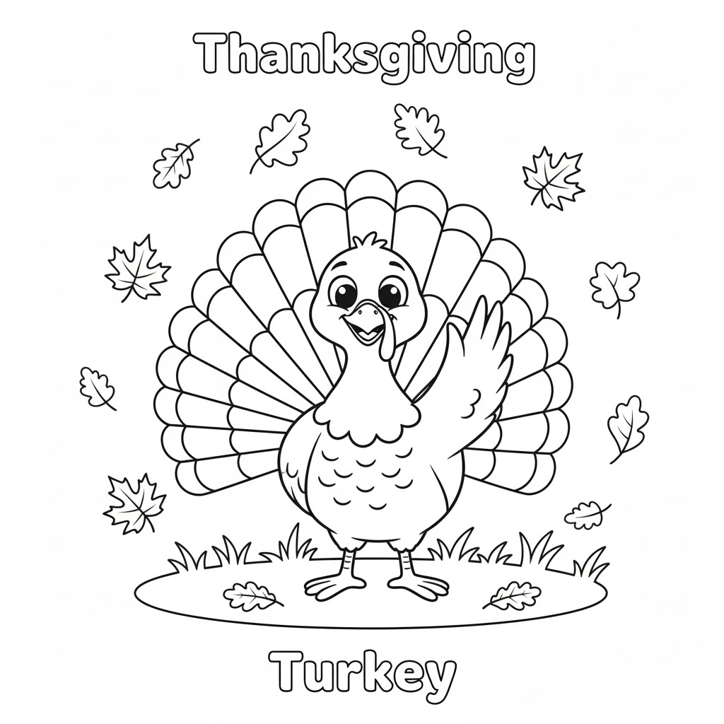 Happy smiling turkey kid-friendly coloring page 可爱微笑火鸡填色页,儿童友好线条,大幅空白易于上色