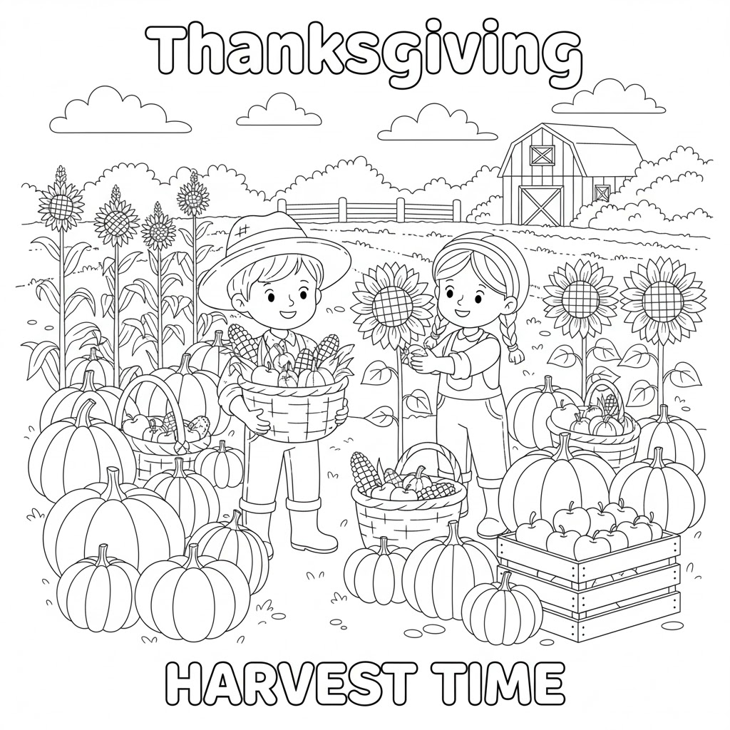 Harvest time coloring page with pumpkins, hay and barn 感恩节丰收季节,南瓜与干草与谷仓的填色页,适合课堂打印