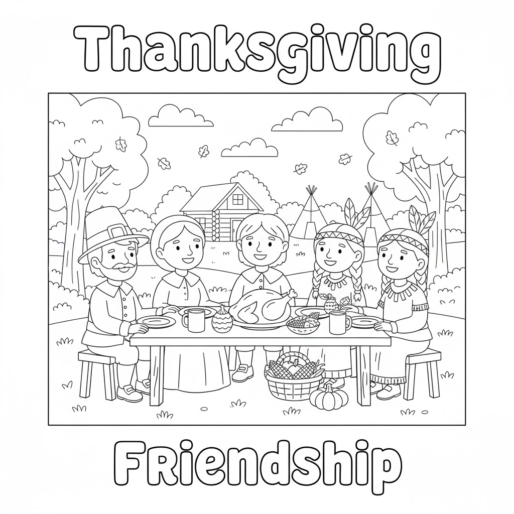 Pilgrims and Native friends sharing food historical but child-friendly scene 朝圣者与原住民友好共享食物的历史场景,已简化为儿童友好线稿