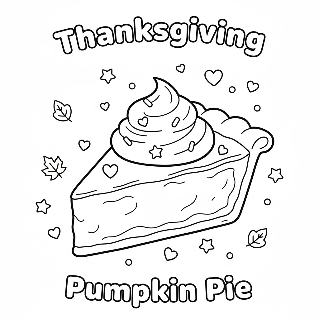 Pumpkin pie coloring page with slice and whole pie for kids to color 儿童填色的南瓜派图,含整派与切片,线条粗壮便于上色