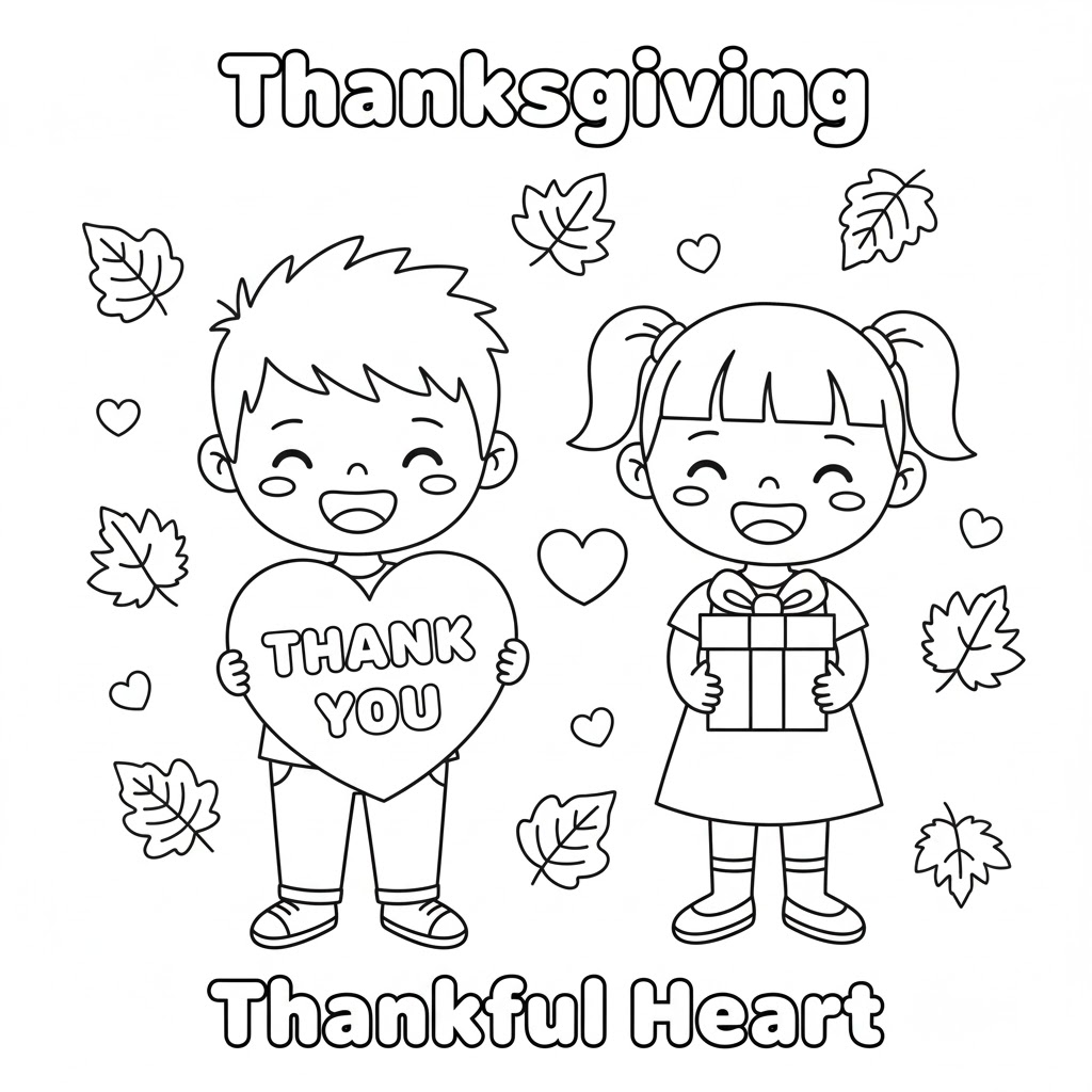 Thankful heart coloring page with hearts and leaves for expressing gratitude 感恩心形填色图,含心形与秋叶,适合孩子写下感谢事项后填色