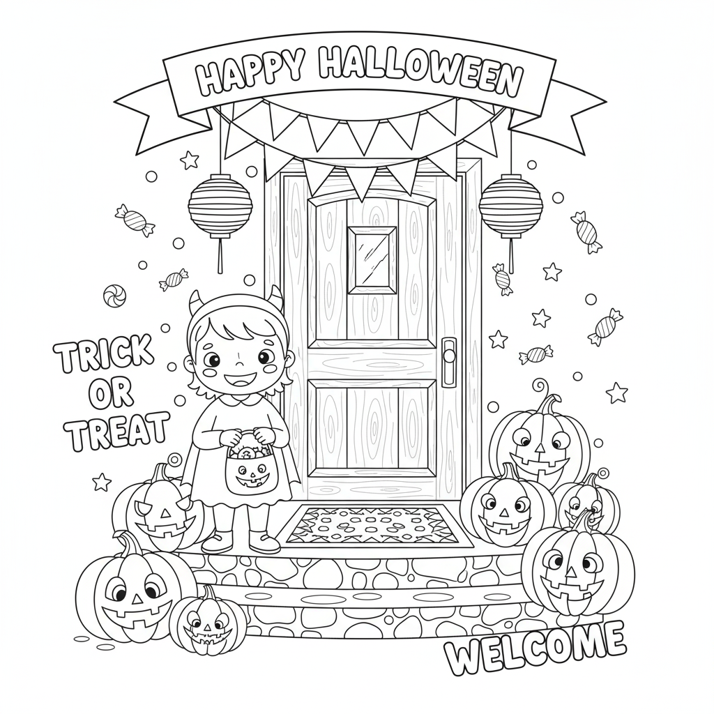 Trick-or-treat doorstep coloring page - children in costumes standing at a decorated door with candy bowls and pumpkins, big lines for easy coloring