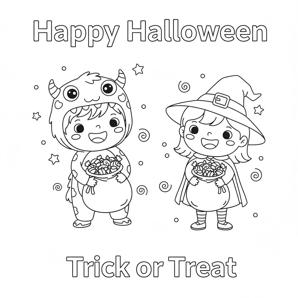 Children in different costumes trick-or-treating, clear stroke art with friendly faces and wide coloring zones for kids.