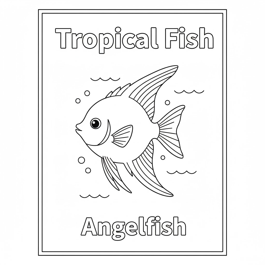 Angelfish coloring page high resolution child-friendly line art 天使鱼填色页,高解析度儿童友好线稿,适合打印与在线上色