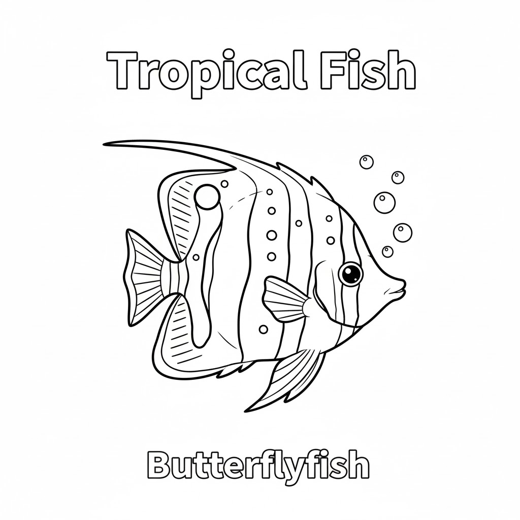 Butterflyfish coloring page coral reef scene 儿童友好的蝴蝶鱼与珊瑚礁场景填色图,线条简洁易上色