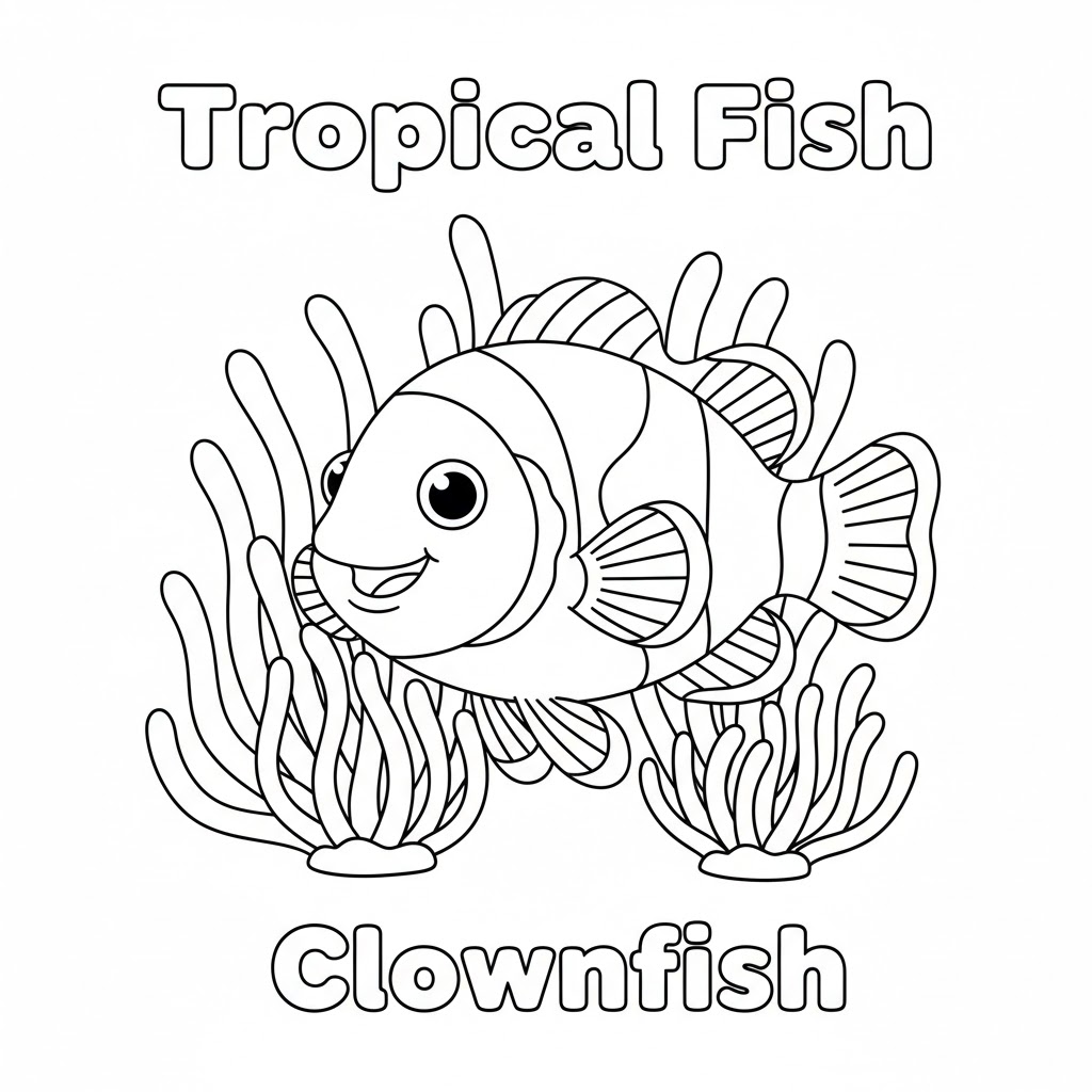 Clownfish and anemone coloring page child-friendly lines 小丑鱼与海葵填色图,儿童友好线条,便于涂色与教学