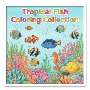 Vibrant colored pencil illustration of various tropical fish with coral reef background and the title “Tropical Fish Coloring Collection”.