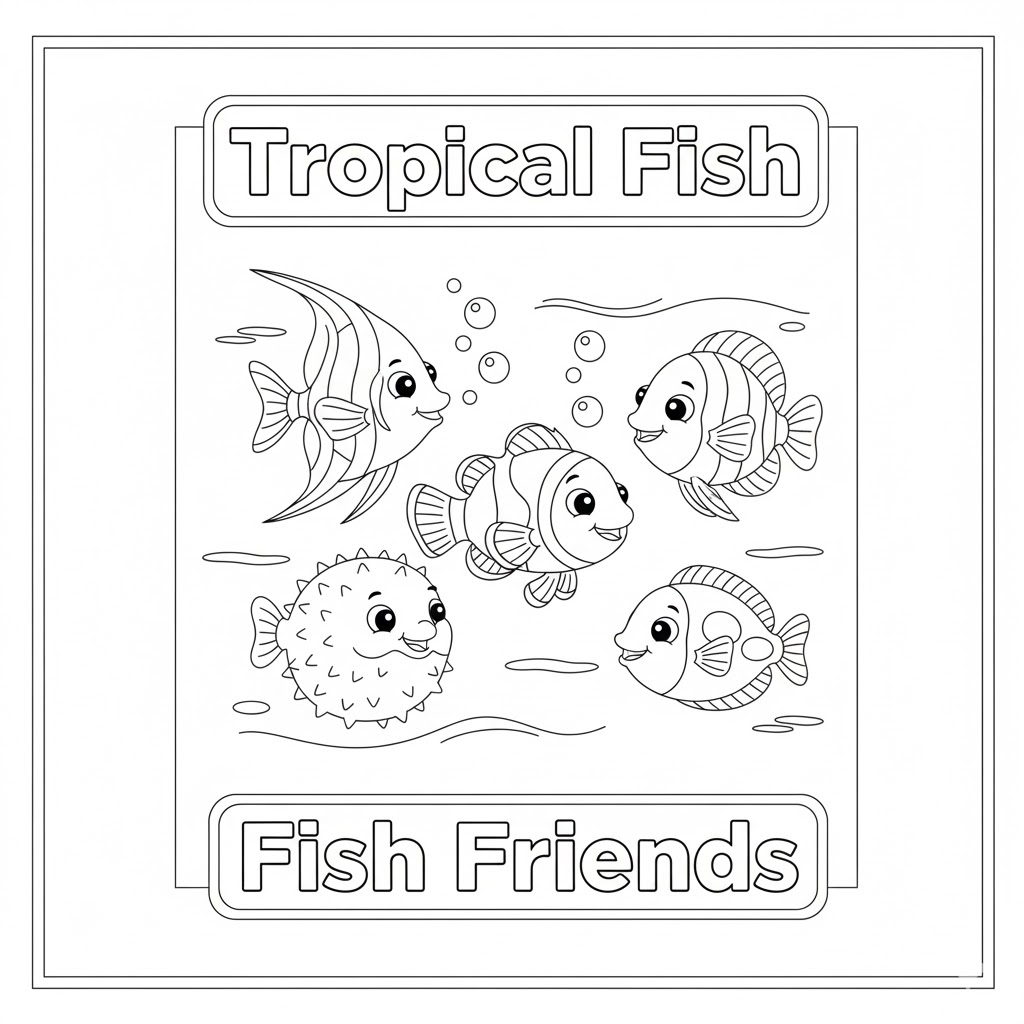 Fish friends group coloring page multiple sea creatures for kids 多只小鱼朋友的填色页,包含不同海洋生物,适合课堂活动