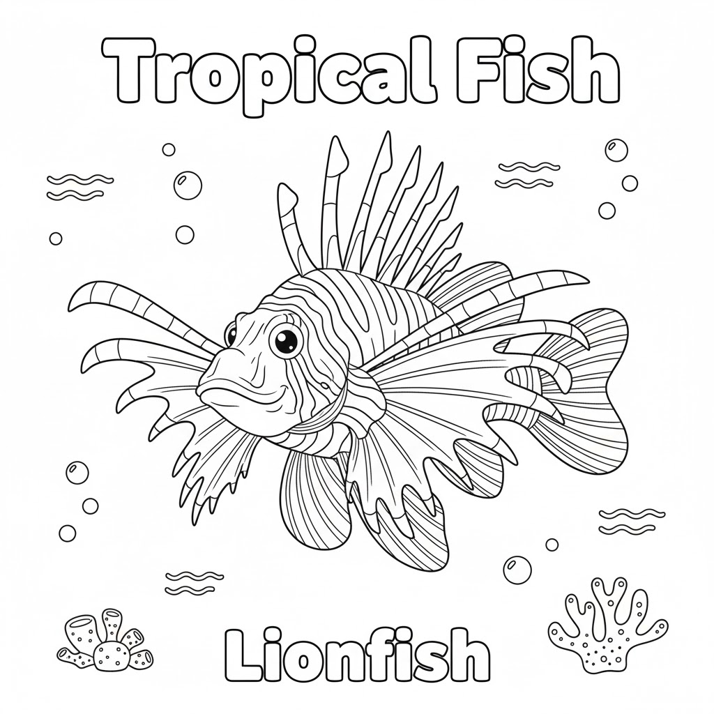Lionfish coloring page distinctive fins simplified for children 狮子鱼的特色鳍与花纹,已简化为儿童填色线稿,安全友好