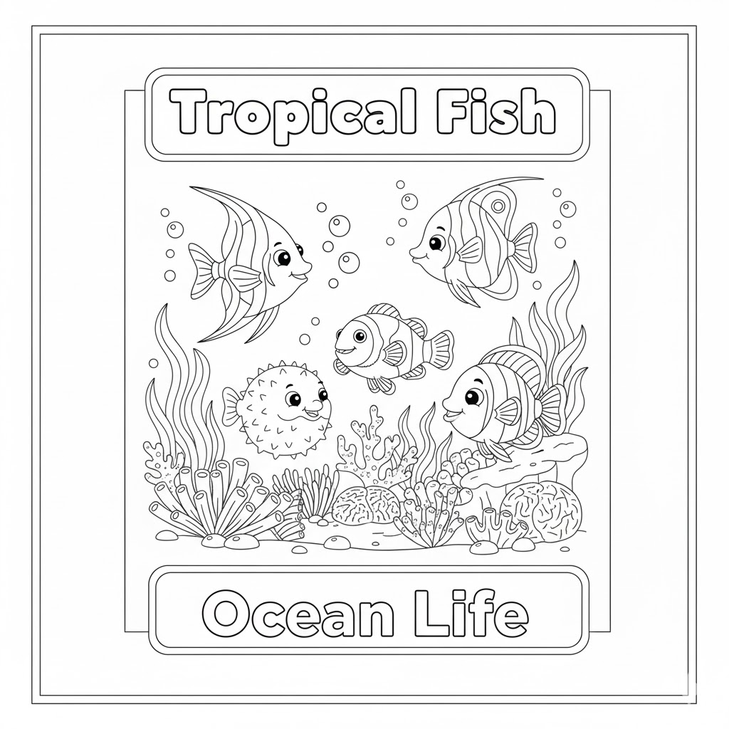 Ocean life coloring page coral reef, fish, and sea plants 大型海洋生态填色图,包含珊瑚、海草与多种鱼类,教育性强